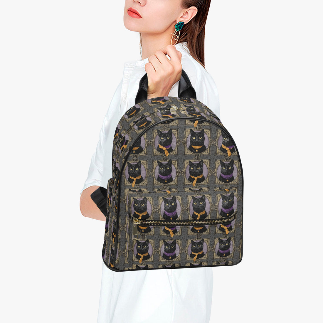 Framed Square Orange & Purple Black Cat Gothic Personalised Monogram PU Leather Backpack
