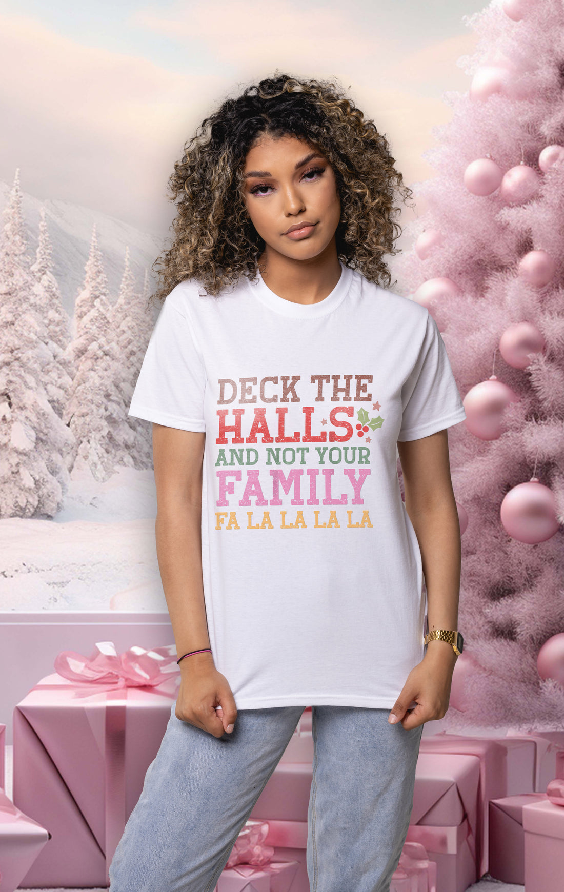 Deck The Halls And Not Your Family Christmas Crew Neck Unisex T-Shirt