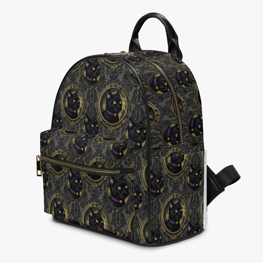 Gold Cameo Deep Paisley Black Cat Gothic Personalised Monogram PU Leather Backpack