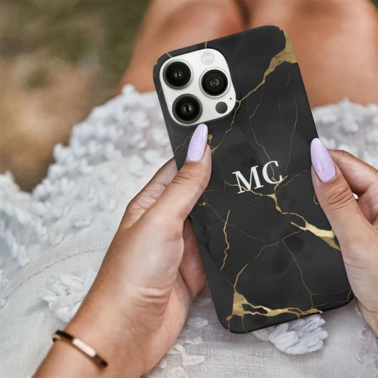 Black Gold Geo Marble Personalised Initial Monogram Case