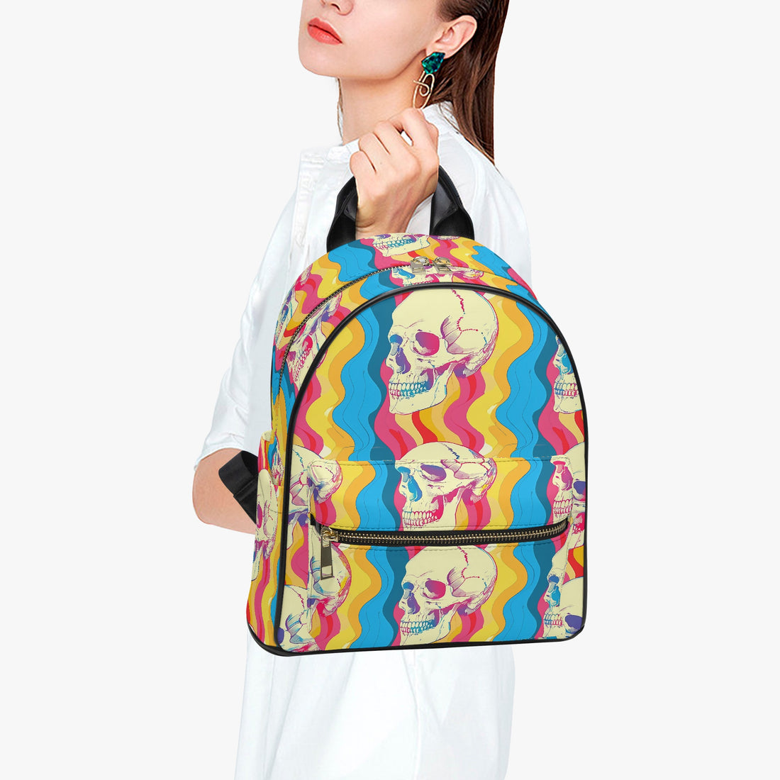 Wavy Neon Groovy Rainbow Personalised Monogram PU Leather Backpack