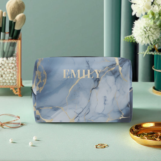 Blue & Gold Marble PU Leather Personalised Monogram Make Up Bag