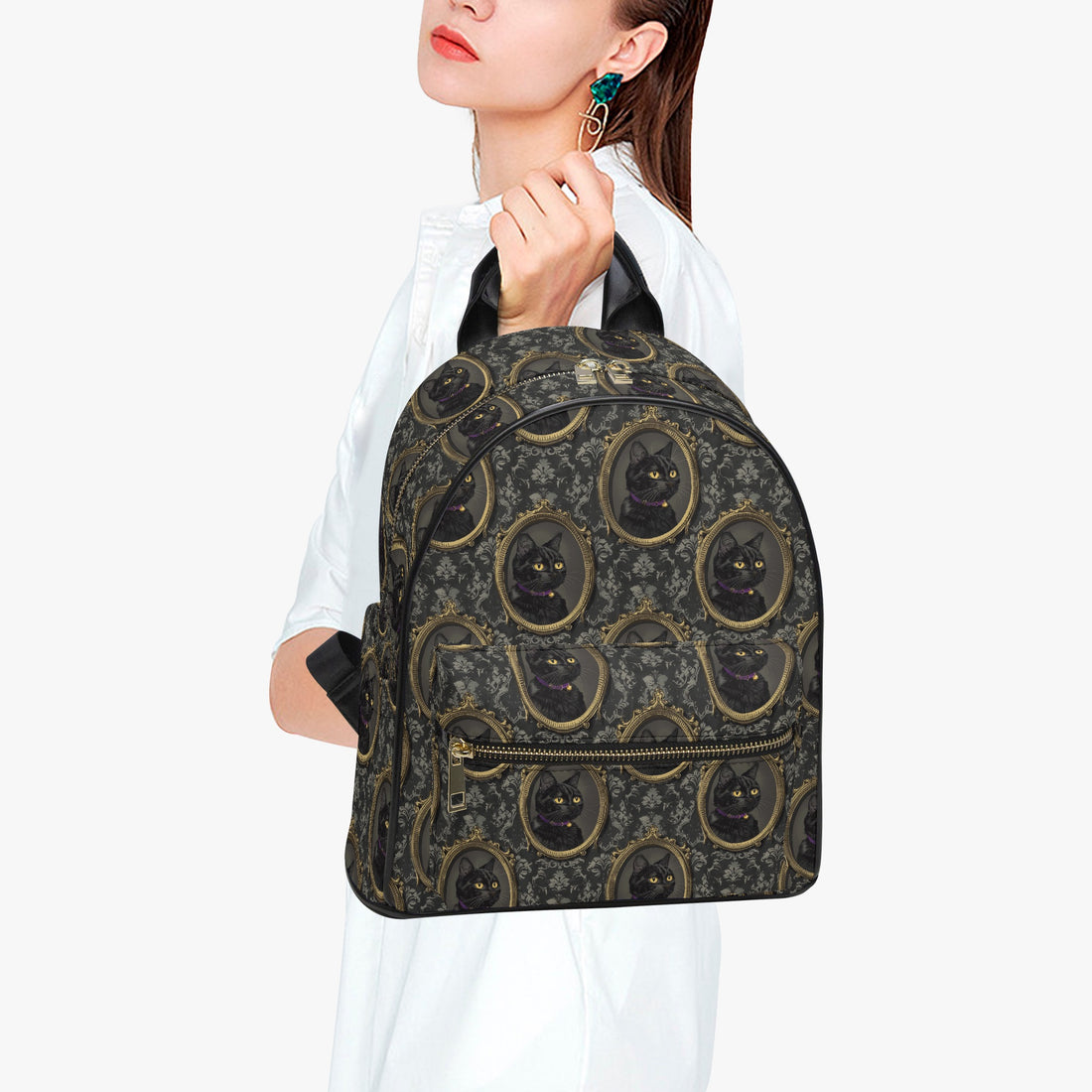 Gold Cameo Frame Paisley Black Cat Gothic Personalised Monogram PU Leather Backpack