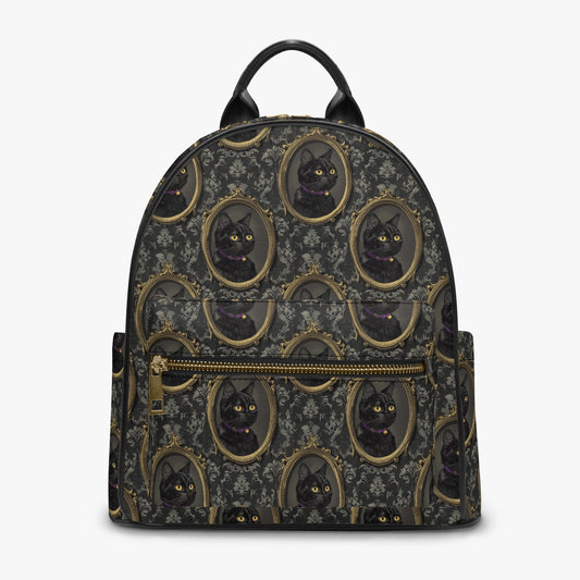 Gold Cameo Frame Paisley Black Cat Gothic Personalised Monogram PU Leather Backpack