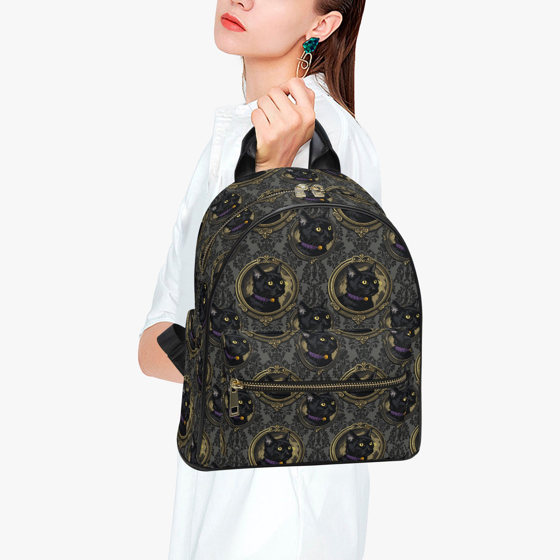 Gold Cameo Deep Paisley Black Cat Gothic Personalised Monogram PU Leather Backpack