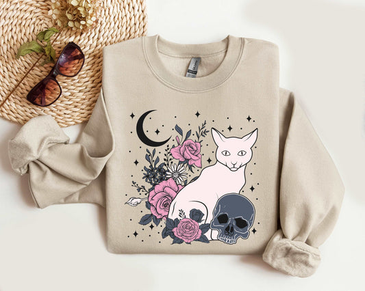 Tarot Cat And Moon Crystal Charge Halloween Sweatshirt