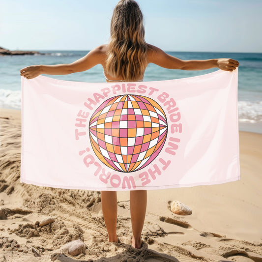 The Happiest Bride In The World Discoball Oversized Beach or Bath Personalised Towel