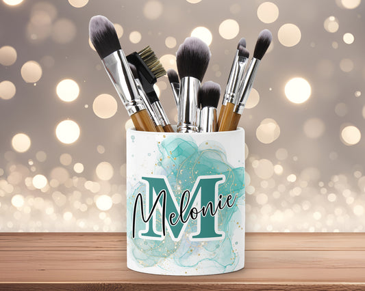 Turquoise Green Initial Letter Name Splash Make Up Brushes Ceramic Pot