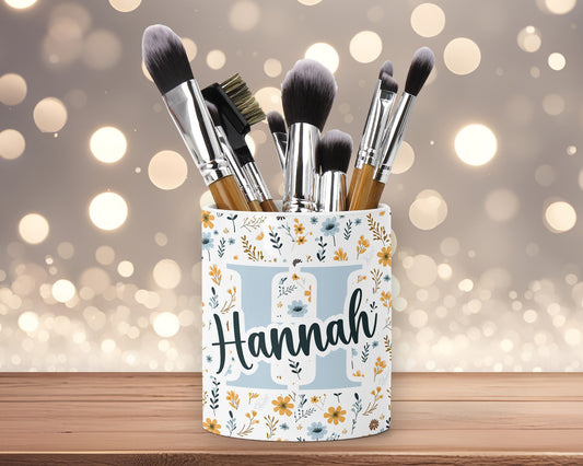 Pastel Blue & Yellow Floral Initial Letter Name Make Up Brushes Ceramic Pot