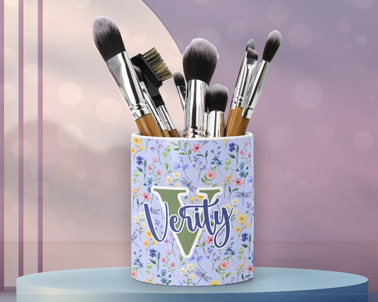 Lilac Rainbow Floral Initial Letter Name Make Up Brushes Ceramic Pot