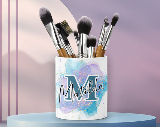 Blue & Lilac Initial Letter Name Splash Make Up Brushes Ceramic Pot