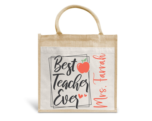 Best Teacher Ever Red Apple Personalised Eco Pocket Block Tote