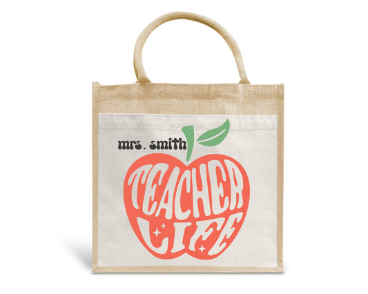 Retro Apple Teacher Life Personalised Eco Pocket Block Tote