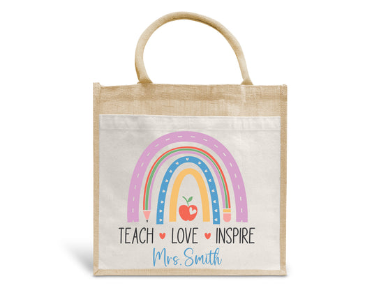 Teach Love Inspire Rainbow Pencil Personalised Eco Pocket Block Tote