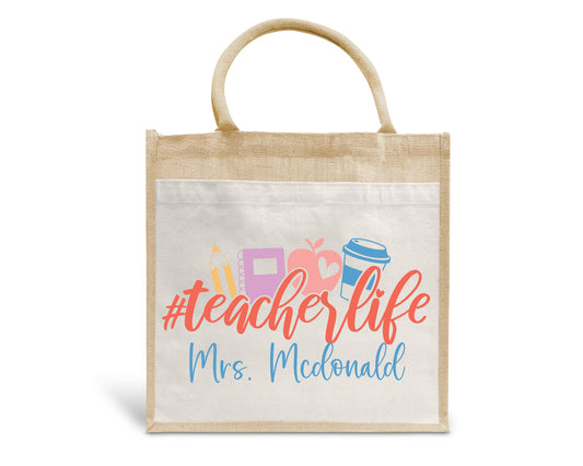 Hashtag Teacher Life Pastel Personalised Eco Pocket Block Tote