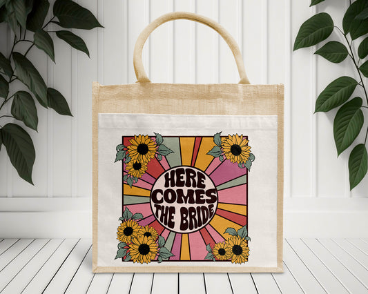 Here Comes The Bride Retro Sunflower Personalised Eco Pocket Block Tote