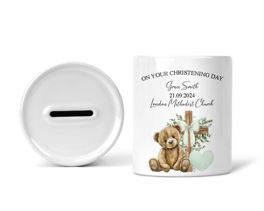 Mint Green Bear On Your Christening Day Money Box