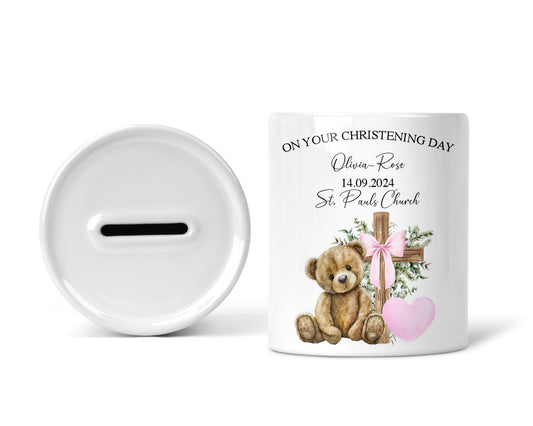 Pastel Pink Bear On Your Christening Day Money Box