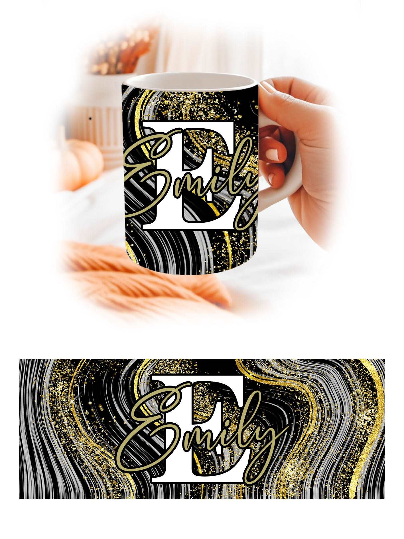 Black & Gold Marble Personalised Name Mug