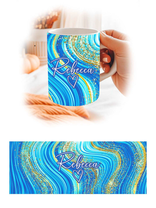 Aqua Blue & Gold Marble Personalised Name Mug