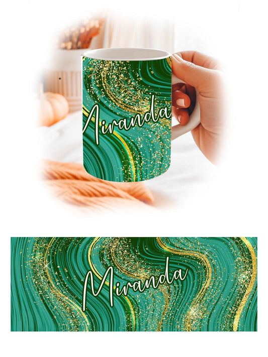 Emerald Green & Gold Marble Personalised Name Mug