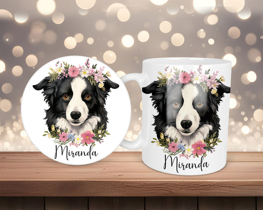 Border Collie Pastel Florals Flower Personalised Mug &/Or Coaster Set