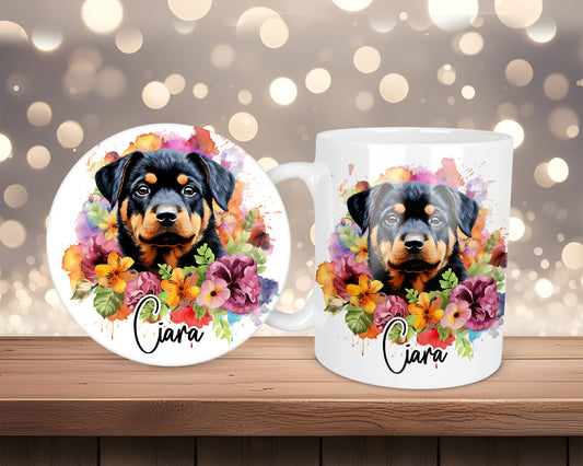 Rottweiler Bright & Summery Flower Personalised Mug &/Or Coaster Set