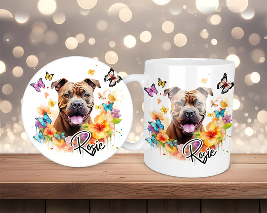 Staffordshire Bull Terrier, Staffy Neon Butterfly Personalised Mug &/Or Coaster Set