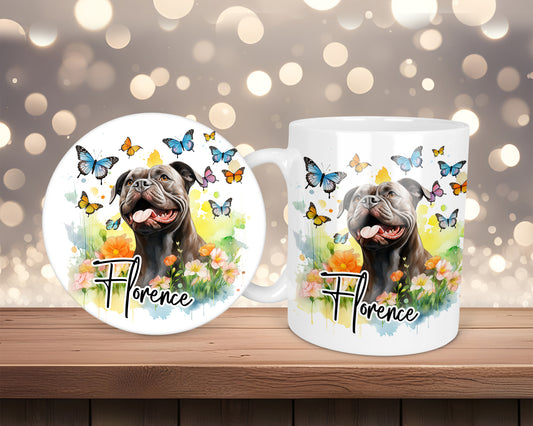 Staffordshire Bull Terrier, Staffy Dreamy Fields Butterfly Personalised Mug &/Or Coaster Set