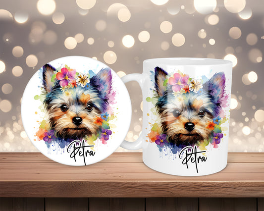 Yorkshire Terrier Purple Fields Flower Personalised Mug &/Or Coaster Set