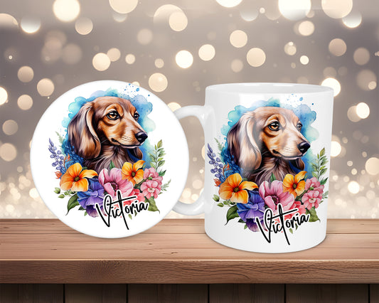 Dachshund Blue Splash Floral Personalised Mug &/Or Coaster Set