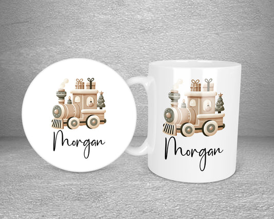 Beige Train Neutral Personalised Plastic Or Ceramic Mug &/Or Coaster Set