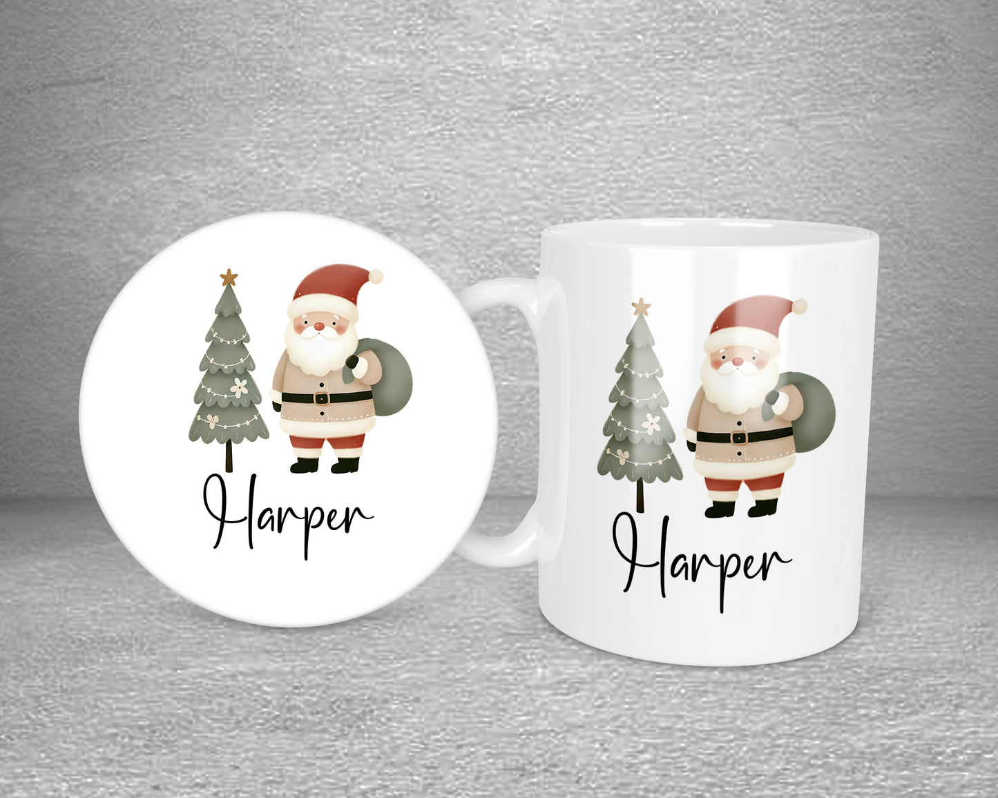 Santa Christmas Tree Neutral Personalised Plastic Or Ceramic Mug &/Or Coaster Set