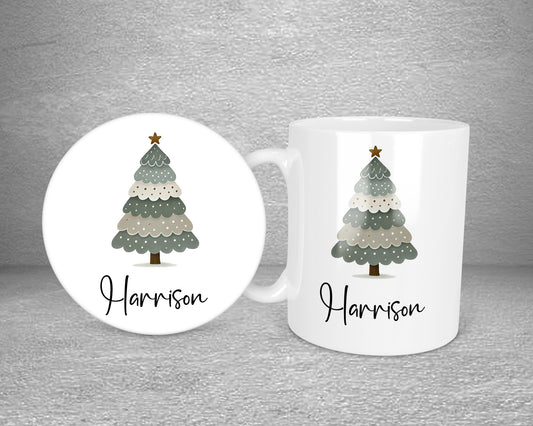 Fir Christmas Tree Neutral Personalised Plastic Or Ceramic Mug &/Or Coaster Set