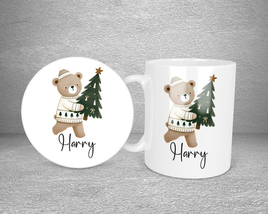 Winter Bear Neutral Personalised Plastic Or Ceramic Mug &/Or Coaster Set