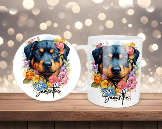 Rottweiler Placid Floral Personalised Mug &/Or Coaster Set