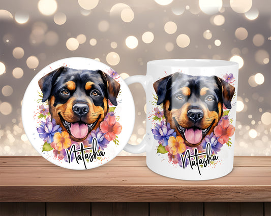 Rottweiler Lilac & Rose Flower Personalised Mug &/Or Coaster Set