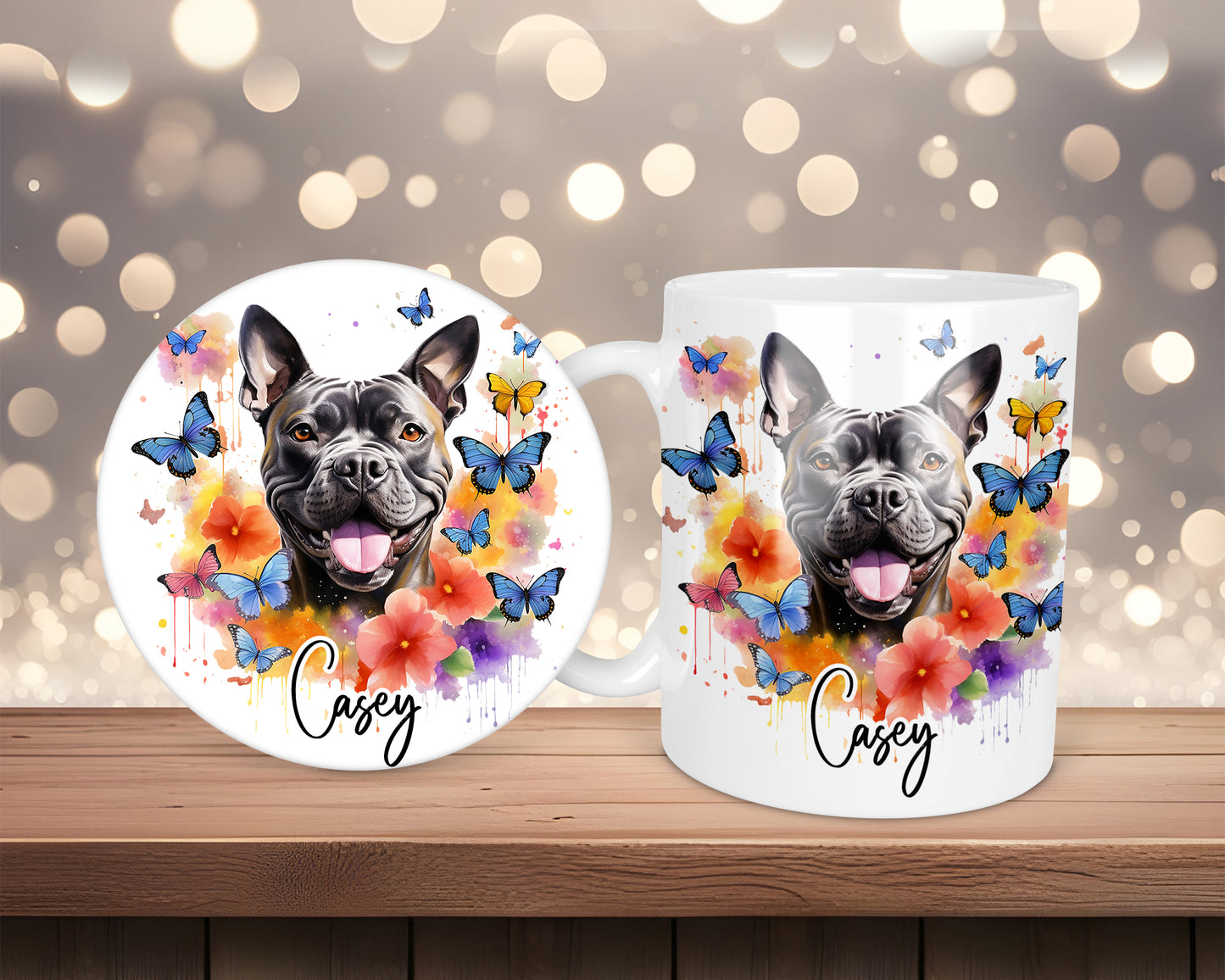 Staffordshire Bull Terrier, Staffy Bright Butterfly Personalised Mug &/Or Coaster Set