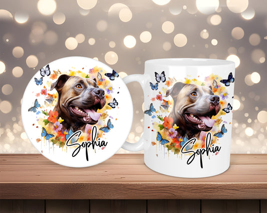 Staffordshire Bull Terrier, Staffy Sunset Butterfly Personalised Mug &/Or Coaster Set