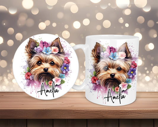 Yorkshire Terrier Pink.& Lilac Flower Personalised Mug &/Or Coaster Set