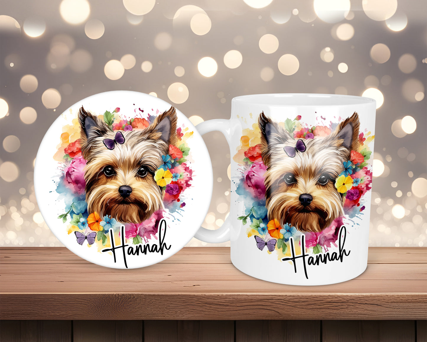 Yorkshire Terrier Bright Neon Flower Personalised Mug &/Or Coaster Set