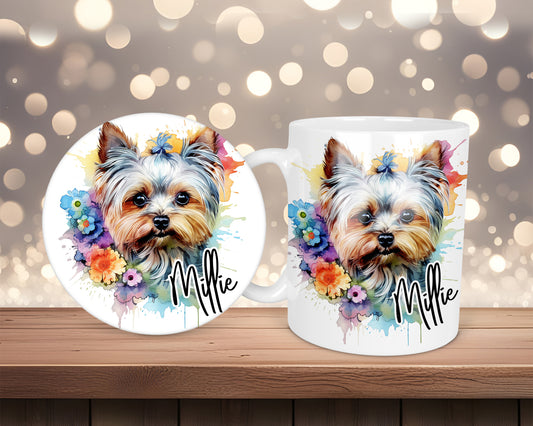 Yorkshire Terrier Pastel Grey Flower Personalised Mug &/Or Coaster Set