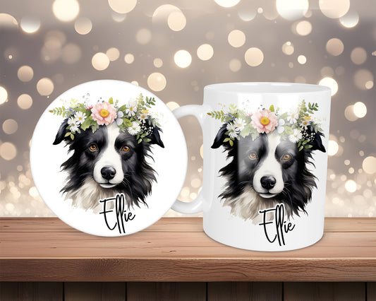 Border Collie Floral headband Personalised Mug &/Or Coaster Set