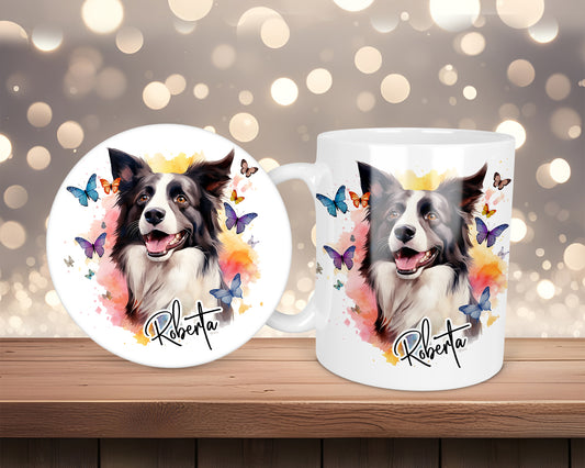 Border Collie Sunset Butterfly Personalised Mug &/Or Coaster Set