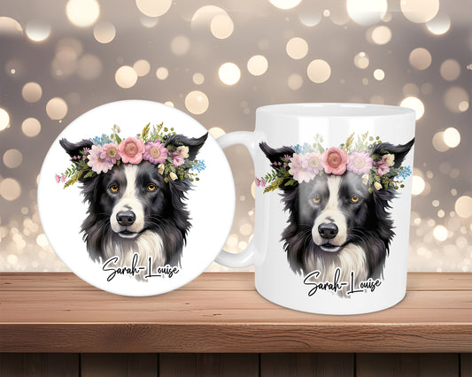 Border Collie Pink Rose Headband Personalised Mug &/Or Coaster Set