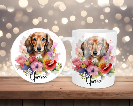 Dachshund Pink Poppy Splash Personalised Mug &/Or Coaster Set