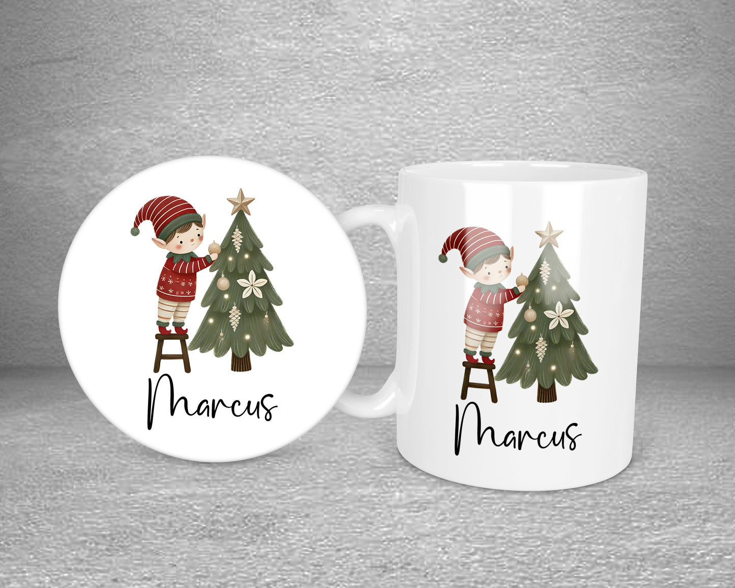 Elf & Christmas Tree Neutral Personalised Plastic Or Ceramic Mug &/Or Coaster Set