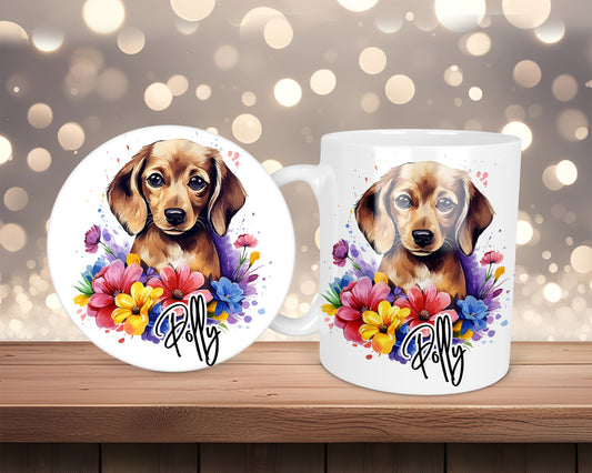 Dachshund Neon Floral Personalised Mug &/Or Coaster Set