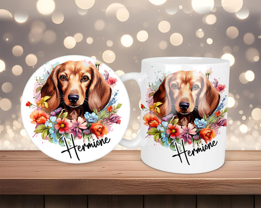 Dachshund Leaves & Florals Personalised Mug &/Or Coaster Set