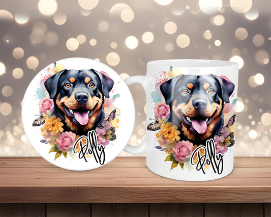 Rottweiler Pink & Yellow Florals Personalised Mug &/Or Coaster Set